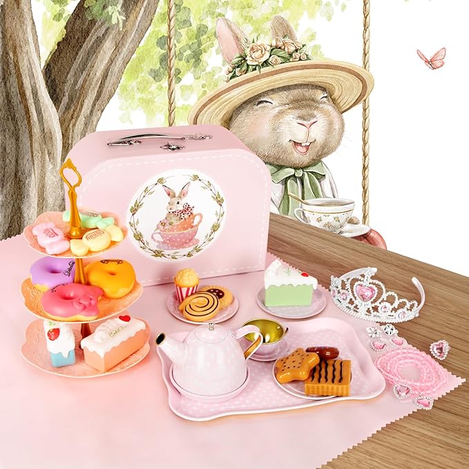 Tea Party Set for Little Girls, 49PCS Princess Tea Time Toys Including Tea Set Dessert Carrying Case, Kids Kitchen Pretend Playset, Tea Set for Girls Birthday Toddler Age 3-8, Pink