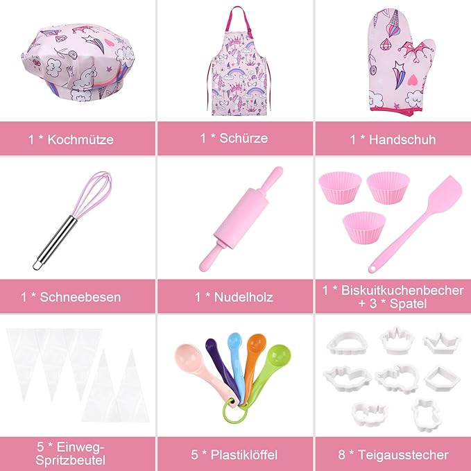 Anpro Complete Kids Cooking and Baking Set - 27 Pcs Includes Aprons for Girls, Chef Hat, Mitt & Utensil to Dress Up Chef Costume Career Role Play for 8-12 Years Girls