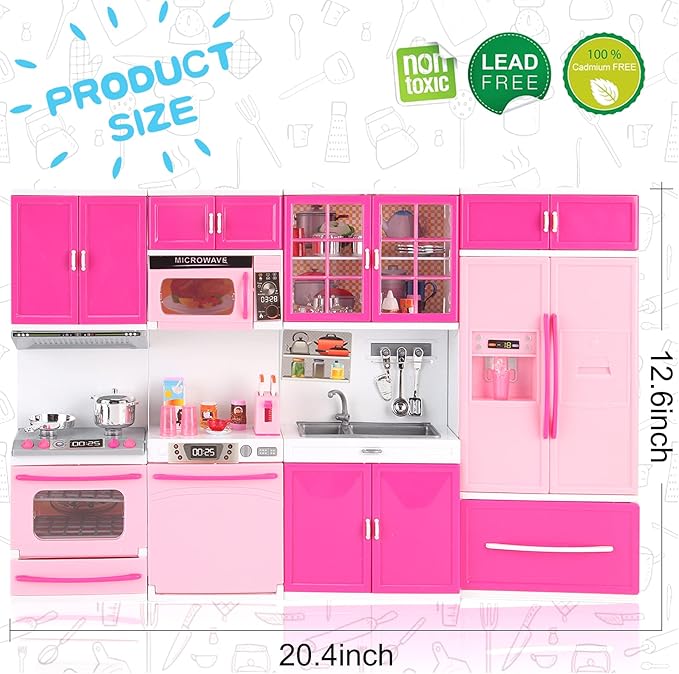 Doll Kitchen Playset for Kids, My Modern Mini Kitchen House Furniture Pretend Play Toy Accessories Set with Realistic Lights & Sounds for Toddlers, Girls (4-in-1 w/Doll)