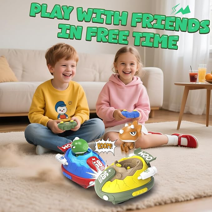 2 Pack Remote Control Car, RC Bumper Cars Toys for Toddlers with LED Light and Music, Dinosaur Figures Bump and Eject Toys RC Race Cars for Kids Boys Girls Gift