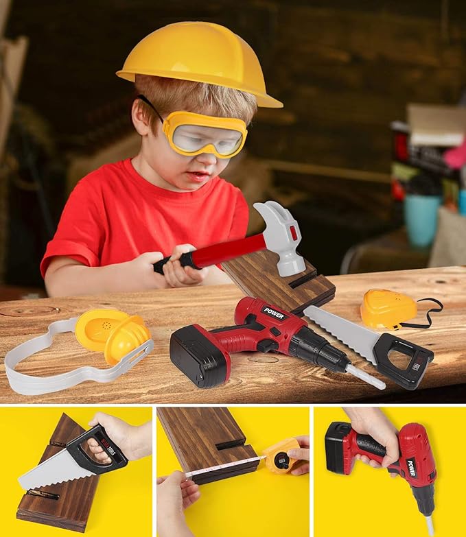 Kids Tool Set with Electric Toy Drill Chainsaw Jigsaw Toy Tools, Realistic Kids Power Construction Pretend Play Tools Set Toy STEM Playset Toddler Toys Kit for Toddler Boy Girl Kid Child Tool Set Toy