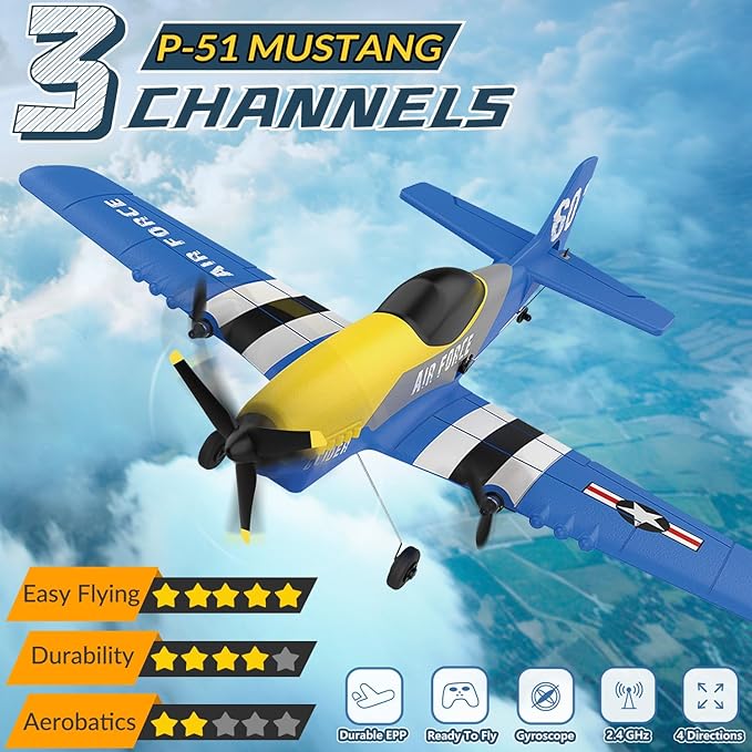 HAWK'S WORK 3 Channel RC Plane P-51D Mustang, Remote Control Airplane Ready to Fly, 2.4GHz 6-axis Gyro Stabilizer, Easy to Fly for Kids & Beginners