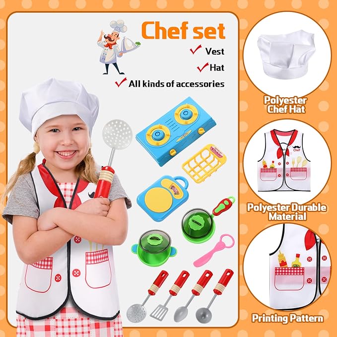 Deekin 3 Sets Kids Dress Up and Pretend Clothes with Plastic Toys for Toddler 3-7 Ages, Role Play Construction Worker, Chef, Explorer Dress Up Vest for Boys Girls Costumes Accessories Play