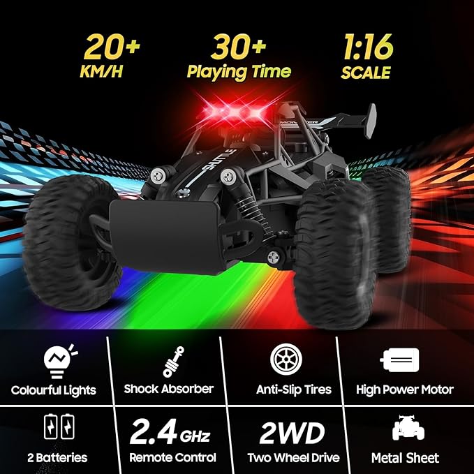 Remote Control Car for Kids 3 4 5 6 7+, 20 KM/H High-Speed RC Cars with LED Lights, 2.4GHz 2WD Monster Truck Toys, Rechargeable RC Car, Toy Cars for Girls Boys, Christmas & Birthday Gifts–Black