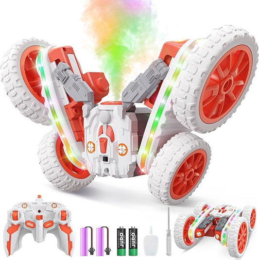 Remote Control Car,RC Cars with Sides Light and Headlights,360°Rotating 4WD Spray RC Stunt Car,2.4Ghz All Terrain Toy Car for Boys Age 4-7 Kids Toy for 8-12 Boys Girls Birthday Gift(Orange & White)