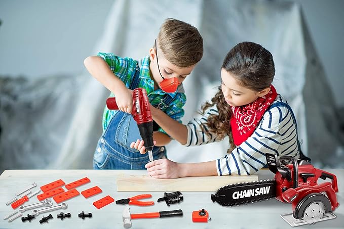Vextronic Kids Tool Set 36 PCS with Toy Chainsaw Electronic Toy Drill with Sound and Light, Pretend Play Kids Tool Box Construction Toy, Great Toy Tool Set for Toddlers Boys Girls Ages 3+