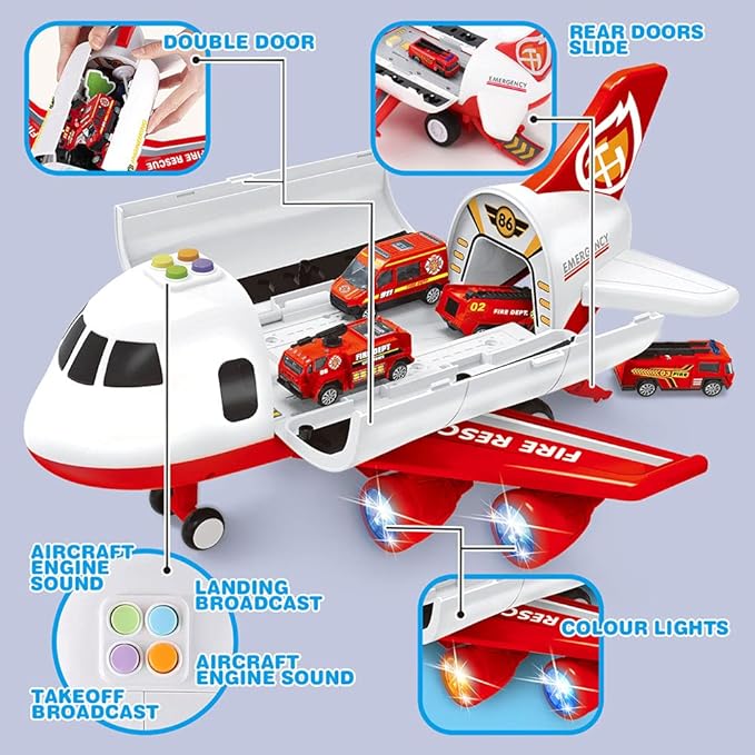 Dwi Dowellin Airplane Toy with Fire Truck Cars and Play Mat,Plane with Lights and Sounds for 3 + Years Old Boys and Girls