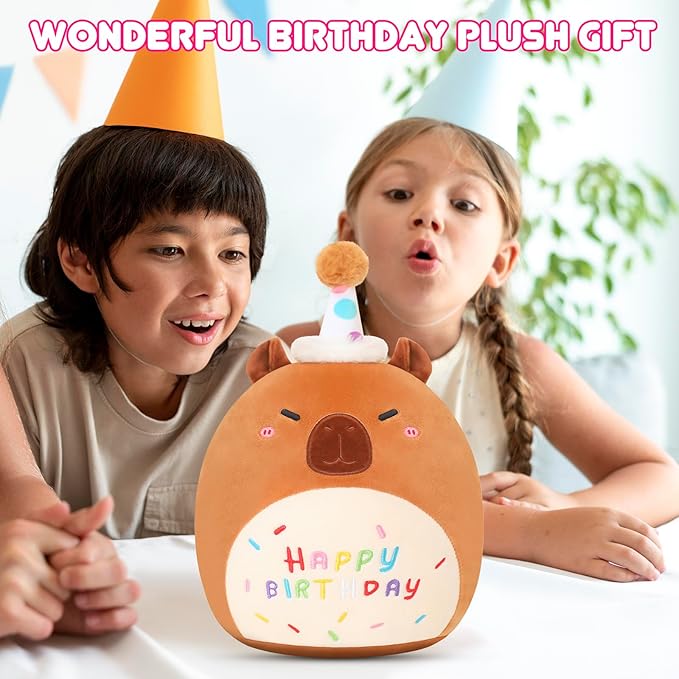 SQEQE Capybara Stuffed Animal Toy Happy Birthday Capybara Plush Cute Birthday Plushies Doll Home Decor for Kids Girls Boys 10 Inch