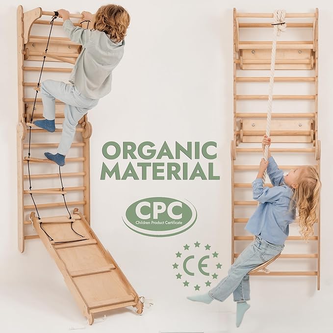 6-in-1 Indoor Playground for Kids – Wooden Swedish Wall, Climbing Ladder, Slide, Swing, Gymnastics Rings, Rock Climbing Wall – Jungle Gym Play Set for Ages 2-12