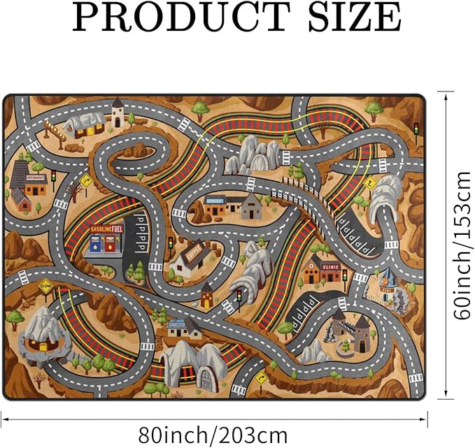 Kids Rug, Mountain Road Playmat Rugs - 5x7 Ft Kids Carpet with Rubber Backing, Cartoon Off-Road Mountain Highway Road Play Mat Nursery Rugs for Children Bedroom Playroom