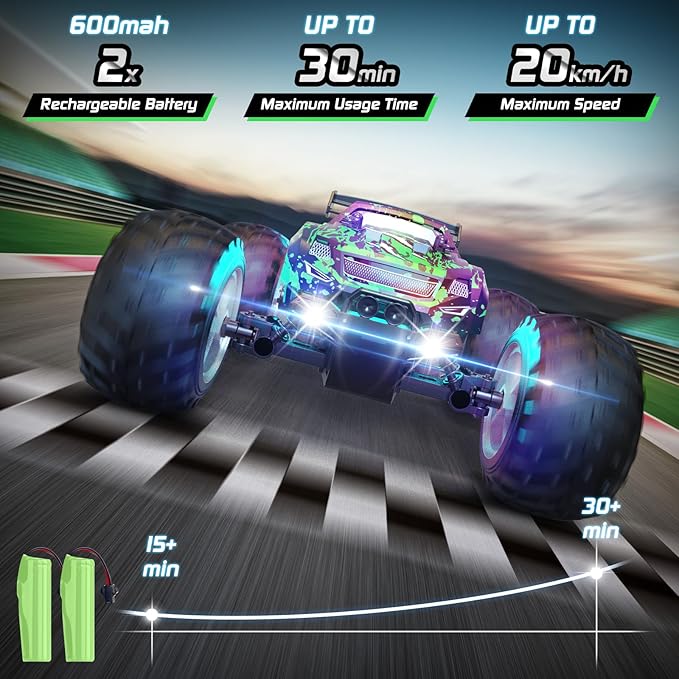 Remote Control Car, 1:18 Scale All Terrain RC Cars, 2WD 20Km/h with Colorful LedLight and Two Rechargeable Batteries, Remote Control Monster Truck Off Road Racing Car Toys for Kids and Boys