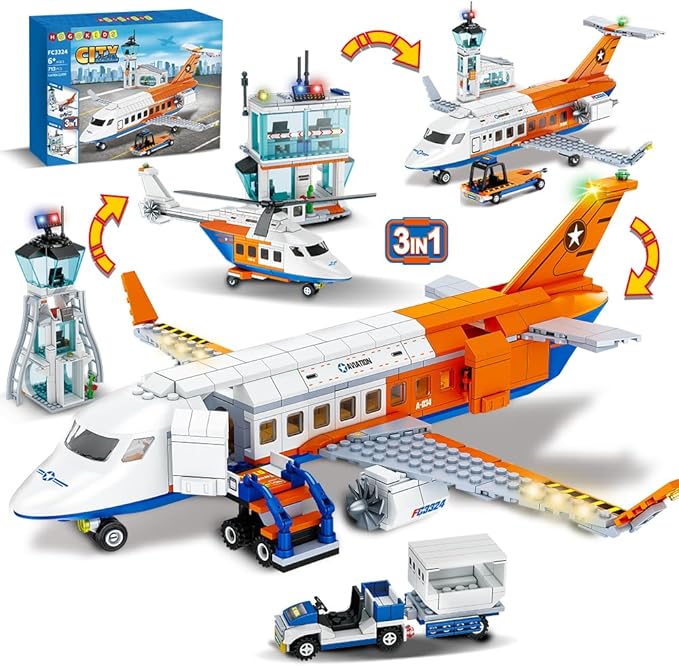 HOGOKIDS City Passenger Airplane Building Set - 711 PCS STEM 3 in 1 Airport Passenger Plane Building Block Toy with Baggage Truck Radar Tower Shuttle Bus for Boys Girls Kids Adults 6 7 8 9+ Years Old