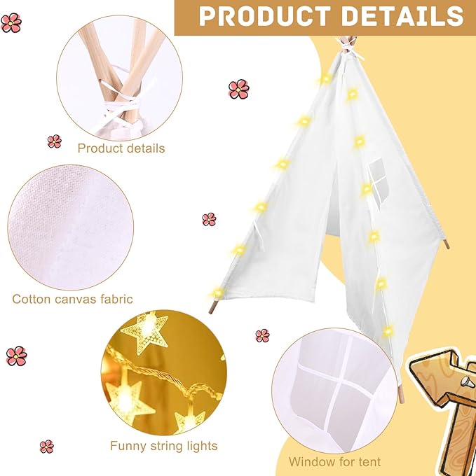 12 Packs Teepee Tent for Kids with 10FT String Lights, Play Teepee Tent for Girls & Boys, Indoor Outdoor Foldable Tents for Birthday Party Boho Sleepovers Party Pajama Party (White)