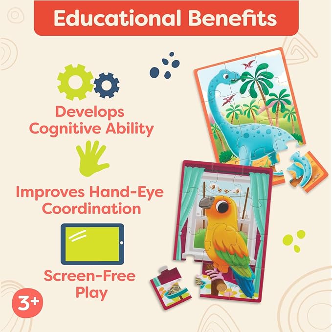 B. toys- Pack o' Puzzles 2-Pack - Pets & Dinos- Wooden Puzzle Box Set – 2 Puzzle Boxes, 8 Puzzles- 12-Piece Jigsaw Puzzles for Kids – 3 Years +