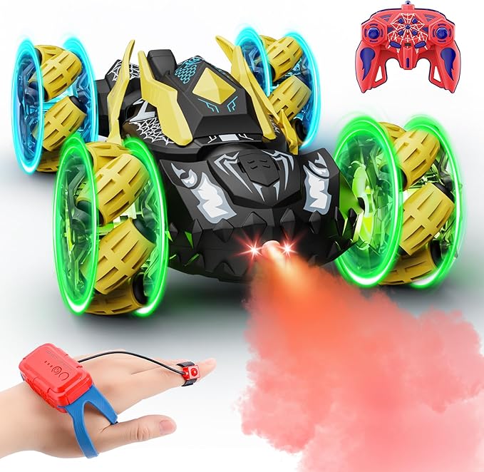 Remote Control Car Boys Toys: RC Cars 360°Flip 2.4Ghz Double Sided 4WD Transform Off Road for Rotating Hand & Remote Control Drift Stunt Cars Toy 6 7 8 9 10 11 12 Year Old Kids Girls (Yellow)
