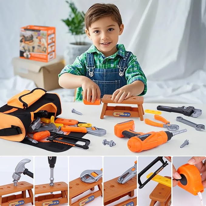Magic4U 52PCS Toddler Tool Set with Electric Drill Toy & Kids Tape Measure, Pretend Play Construction Toys Costume with Kids Tool Belt, Toy Tool Bag for Boy Girls Age 3-8