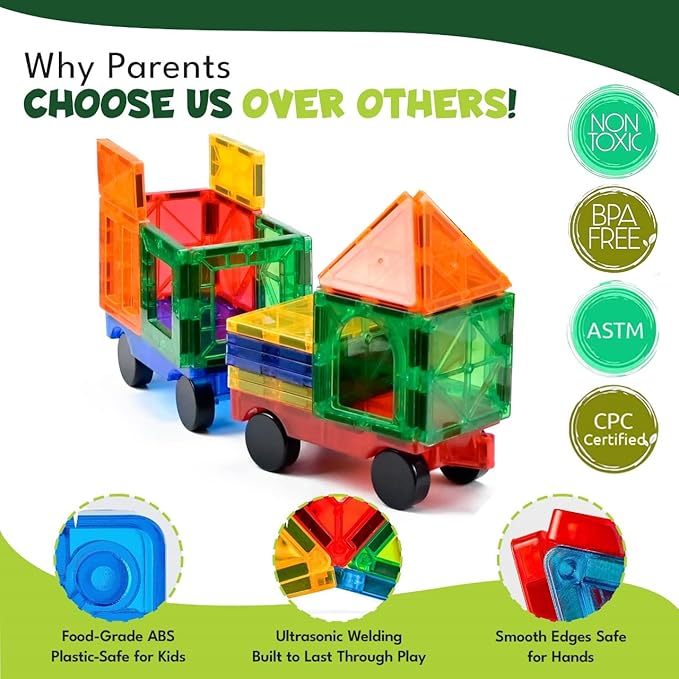 Magnetic Tiles 136 PCS with 2 Cars and 8 Extra Alphabets – STEM Building Blocks for Kids, Educational Gift for Boys & Girls