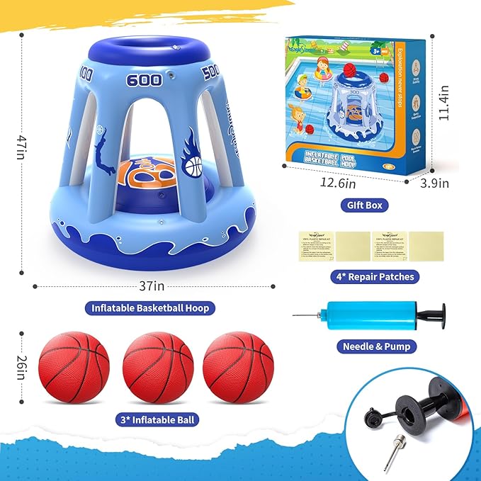 EagleStone Inflatable Pool Basketball Hoop for Kids & Adults, 47" Swimming Floating Basketball Hoop for Pool with 3 Balls, Pump, Summer Outdoor Pool Water Game for Family, Party, Beach & 4th of July