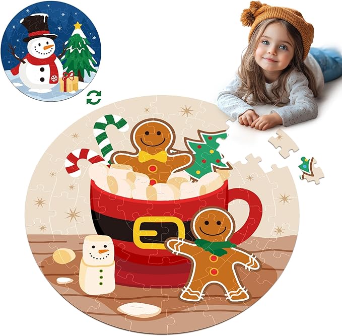CiyvoLyeen Christmas Floor Puzzles for Kids Ages 3 4 5 6 7 8 Jigsaw Puzzles Penguin and Gingerbread Man Double Sided Large Round Puzzle Gifts Presents for Kids Children Toddler 22" 70 Pieces