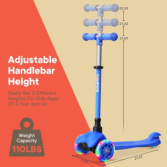 Blue Mini 3 Wheel Scooter for Kids – Lean-to-Steer with LED Light-Up Wheels, Adjustable Handlebar, Wide Anti-Slip Deck, Smooth PU Wheels, Rear Foot Brake – Toddler Scooter for Ages 2+
