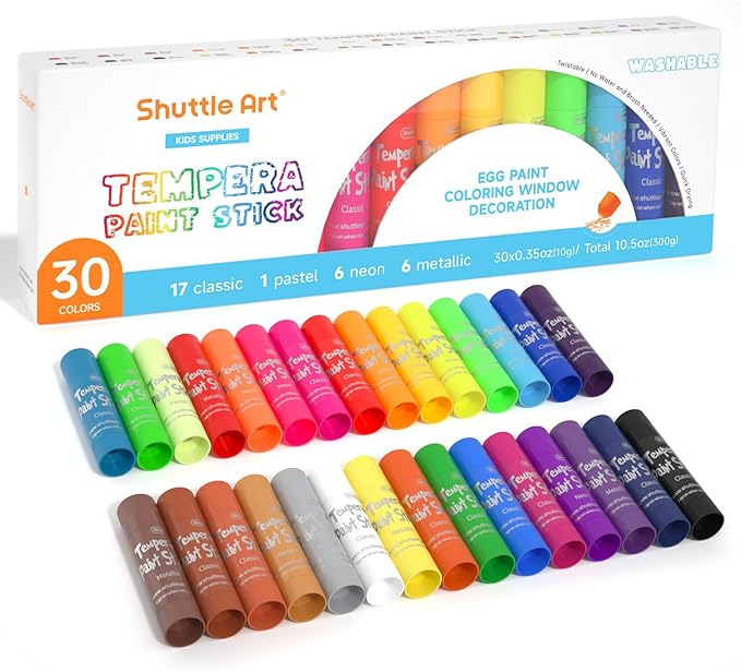 Shuttle Art Tempera Paint Sticks - 30 Solid Colours - Quick Drying - Works Great on Paper, Wood, Glass, Ceramic, Canvas
