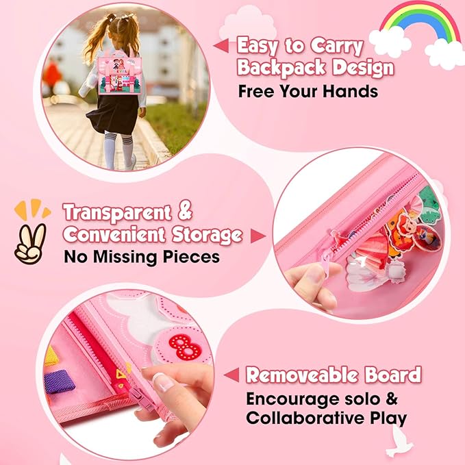 Pink Montessori Busy Board Book for Toddlers 1-3, Montessori Toys for 1-3 Year Old Girl Birthday Gift, Educational Quiet Activity Books for Toddlers 1-3, Airplane Car Travel Toys for Ages 2-4