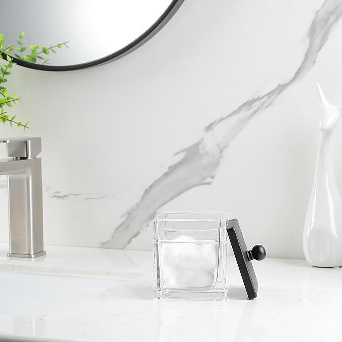 H Halston Apothecary Glass Cotton Jar Holder for Qtips, Cotton Balls, Floss, Storage Canister, Bathroom Organization, With Matte Black 304L Stainless Steel Lid, Makeup Vanity Organizer
