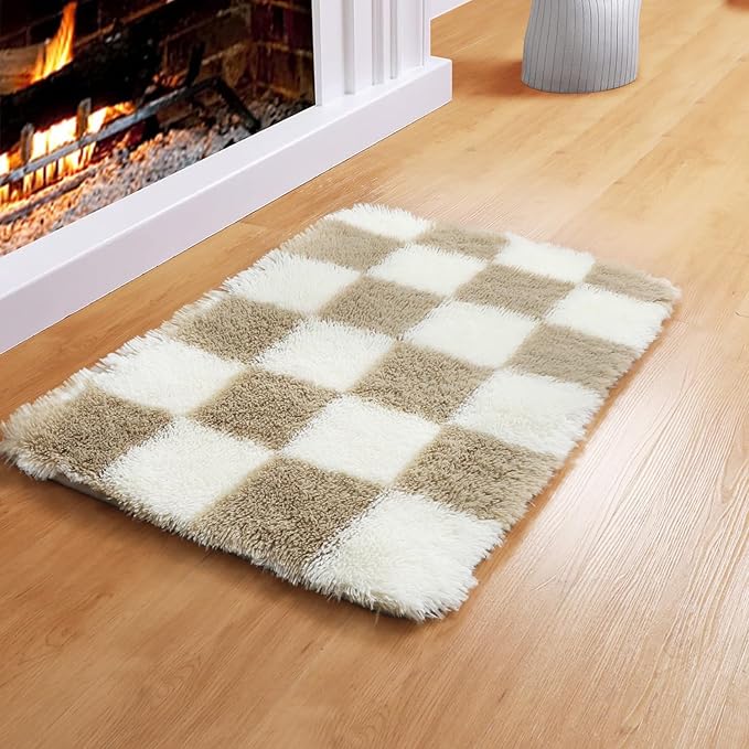 KICMOR Small Beige and Cream White Area Rugs for Bedroom, 2x3 Fluffy Fuzzy Plush Shaggy Checkered Rug, Soft Furry Bedside Rug Small Throw Carpet for Living Room Kids Girls Boys Nursery Home Decor