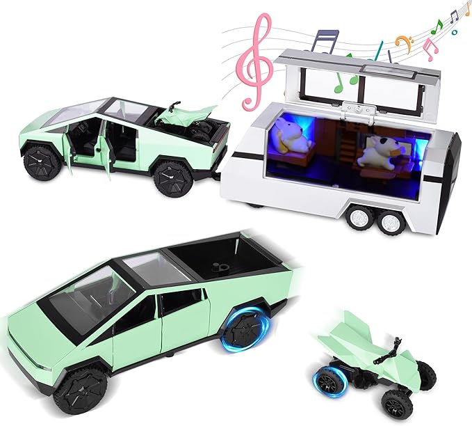 3-in-1 Cybertruck Pickup Sets with RV and Motorcycle，Cyber Truck Pickup Toy with Sounds and Lights, 1/32 Diecast Truck for Kids 3 Year Old and Up, Christmas Birthday Gifts for Boys Girls (Green)