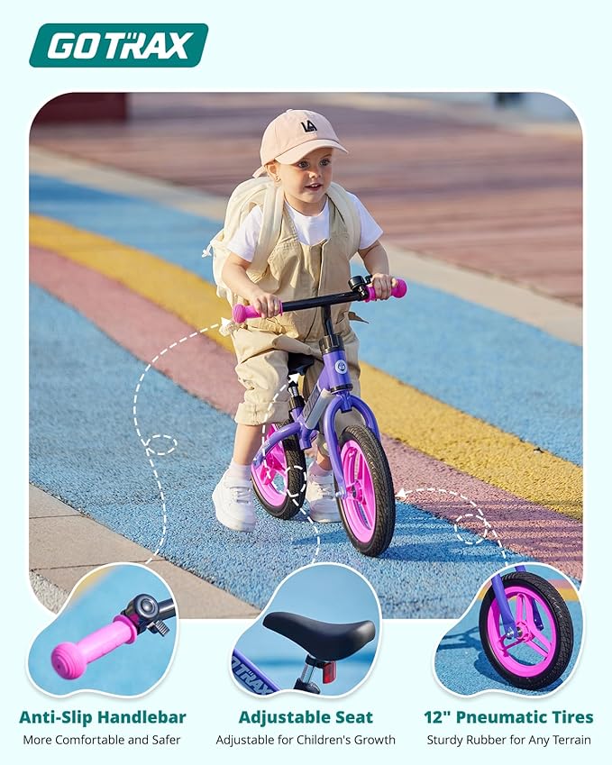 Gotrax KS12 Balance Bike for 2-5, 12" Toddlers Push Bike with LED Light, Adjustable Soft Seat & Handlebar, Flat-Free Tires & Easy Assembly Kids Bicycle, Lightweight & No Pedal, Gift for Boys Girls