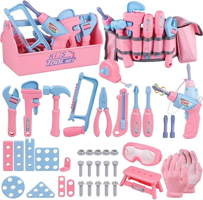 Kids Tool Set, 48PCS Toddler Tool Set with Electronic Toy Drill & Kids Tape Measure,Pretend Play Construction Toys Costume with Kids Tool Belt & Gloves,Toy Tools Box for Girl Boy Ages 3-8