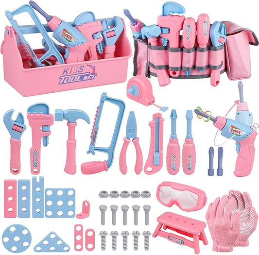 Kids Tool Set, 48PCS Toddler Tool Set with Electronic Toy Drill & Kids Tape Measure,Pretend Play Construction Toys Costume with Kids Tool Belt & Gloves,Toy Tools Box for Girl Boy Ages 3-8