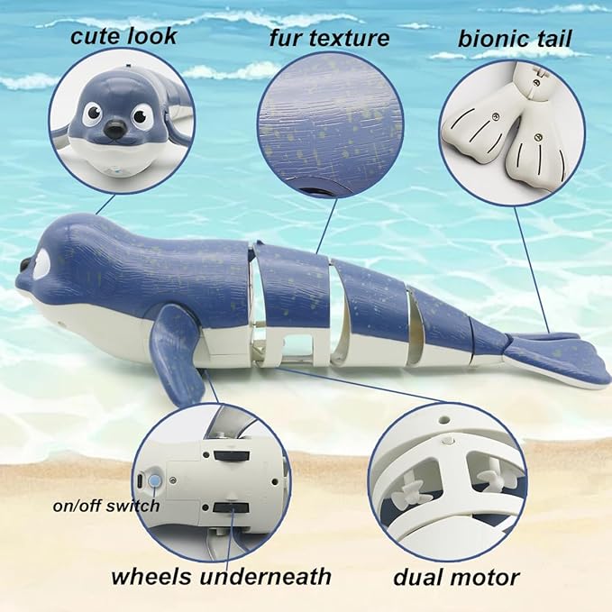 Pool Toys Amphibious Remote Control Seal on Land Water 2.4Ghz Rechargeable Battery Remote Control Shark for Robot Toys Pool for Kids 8-12 Years Old Boys Girls 8,9,10,Upgrade Version Blue