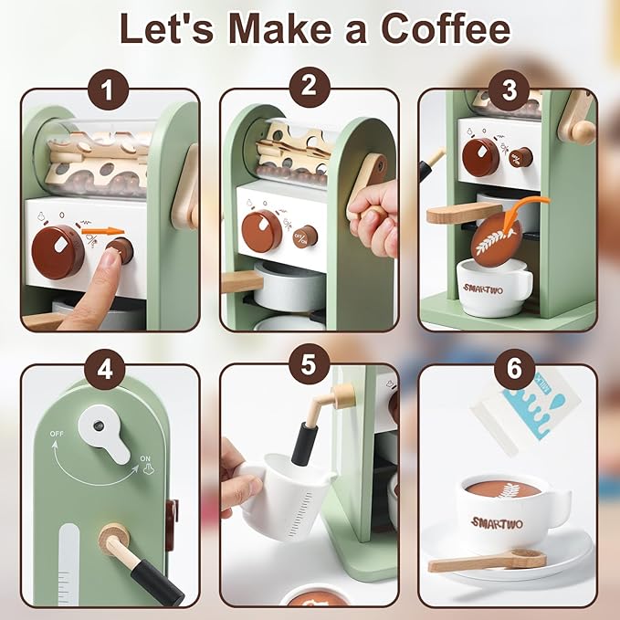 Kids Wooden Coffee Maker Toy,Coffee Machine Playset with Grinder,Play Coffee Making Routine,Stimulates Imaginative Pretend Play and Life Skills,Birthday Gift for Toddler Boy Girl,17pcs
