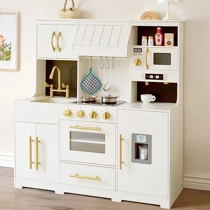 Wooden Play Kitchen for Kids with Various Interactive Kids Kitchen Toy Features and 19 Fun Toddler Kitchen Accessories, Toy Kitchen Playset for 3+ Boys and Girls