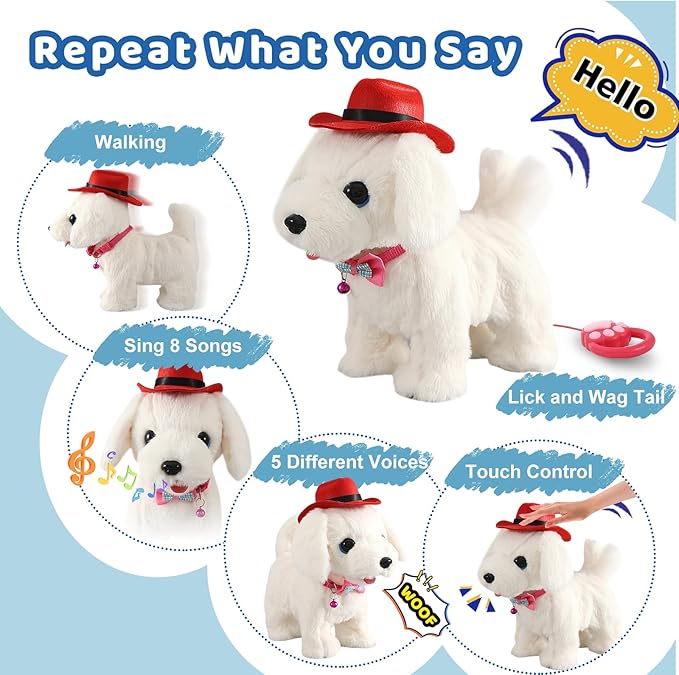 White Labrador Walking Dog Barking Dog for Child Kid Licking Puppy Talking Dog with Leash, Interactive Robot Dog Tail Wagging Singing Plush Lab Dog Stuffed Dog Pretend Dress Up Christmas Girl Boy Gift