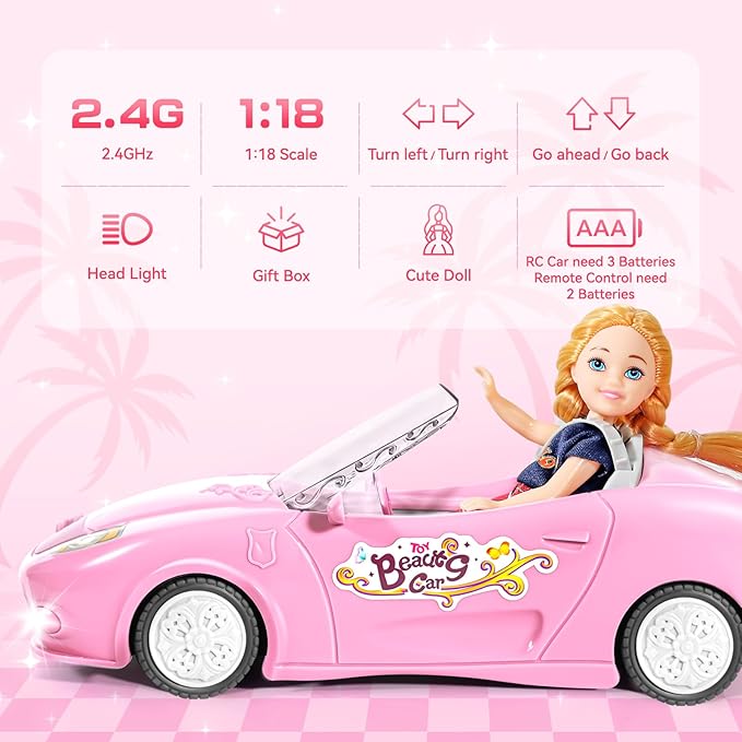Pink Remote Control Car for Girls, 1:18 Scale RC Cars with LED Light, 2.4 GHZ Pink Truck Toy for Toddlers Kids, Birthday R/C Toys for Boys Girls Aged 4-7 (Batteries Not Included)