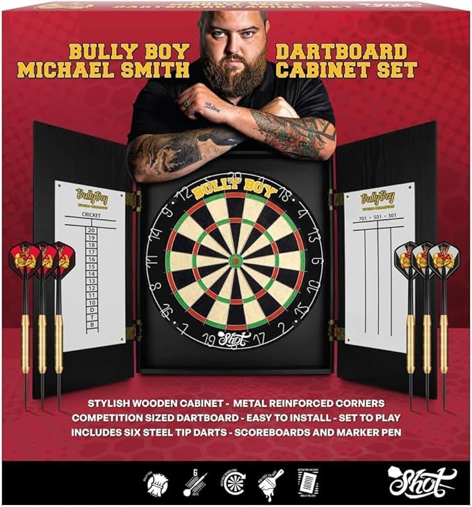 Shot! - Michael Smith Bully Boy Dartboard Cabinet Set | Self-Healing Sisal | Staple-Free Bullseye | Includes 6 Steel Tip Darts | Easy Install, Black, Standard Size, Wood