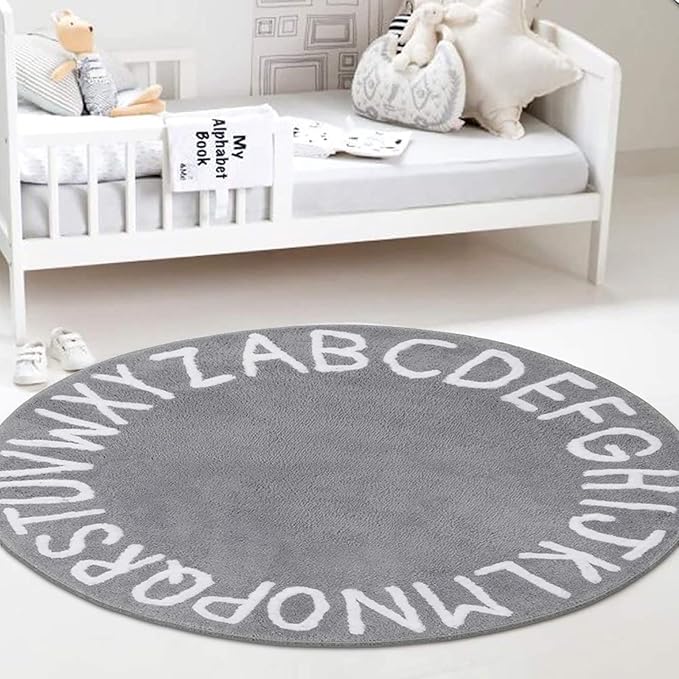SHACOS Ultra Soft Round ABC Rug 4 Ft Alphabet Nursery Rugs Kids Room Toddlers Baby Crawling Playroom Fluffy Non Slip Washable 47 inch Circle Educational Carpet for Classroom, Gray