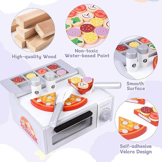 Wooden Pizza Toy for Kids, Toddlers Pizza Counter Playset, Pretend Play Food Set Kitchen Accessories with Bake Oven, Gifts for 3 4 5 6 Years Old Boys Girls