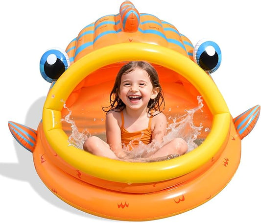 FUN LITTLE TOYS Inflatable Baby Pool with Shade, Kids Blow Up Pool with Canopy, Kiddie Pool for Indoor Outdoor Summer Swimming Floats for Toddler 3-48 Months