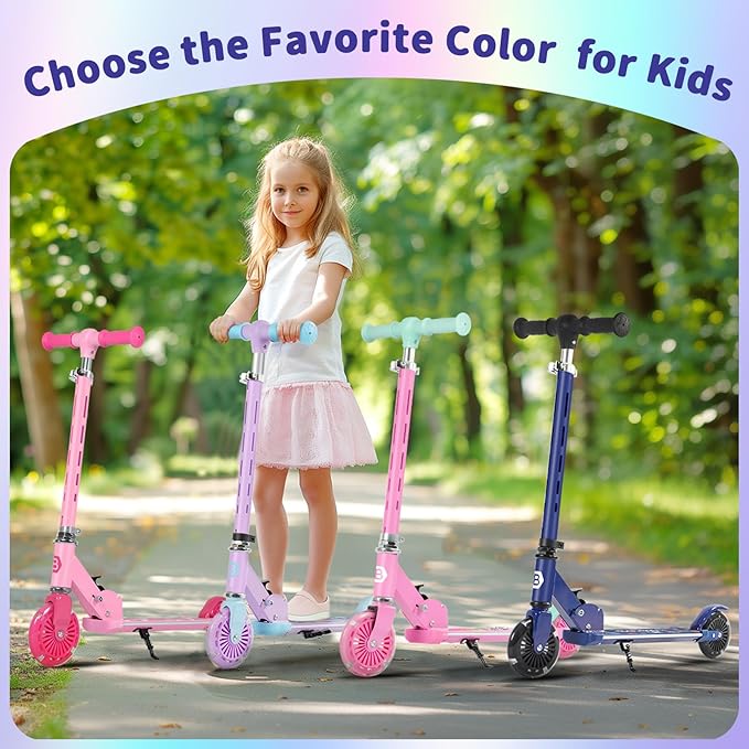 BELEEV V3 Scooter for Kids with Light-Up Wheels & Stem & Deck, 2 Wheel Folding Scooter for Girls Boys, 4 Adjustable Height, Lightweight Kick Scooter with Handy Kickstand for Children Ages 3-12