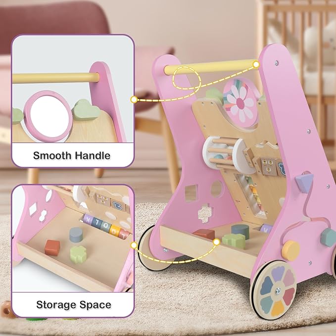Baby Walker with Wheels, Wooden Push Walker Toys for Babies 6-12 Months, Baby Girl Walking Activity Toys for 1 Year Old