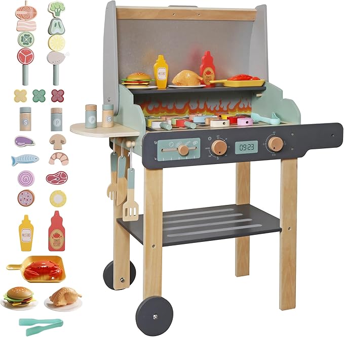 Wooden Play Barbecue Toy Grill, Kids BBQ Playset with Toy Food and Grilling Tools, Cooking Interactive Toys Christmas Birthday Gift for Toddlers Girls Boys 3-6