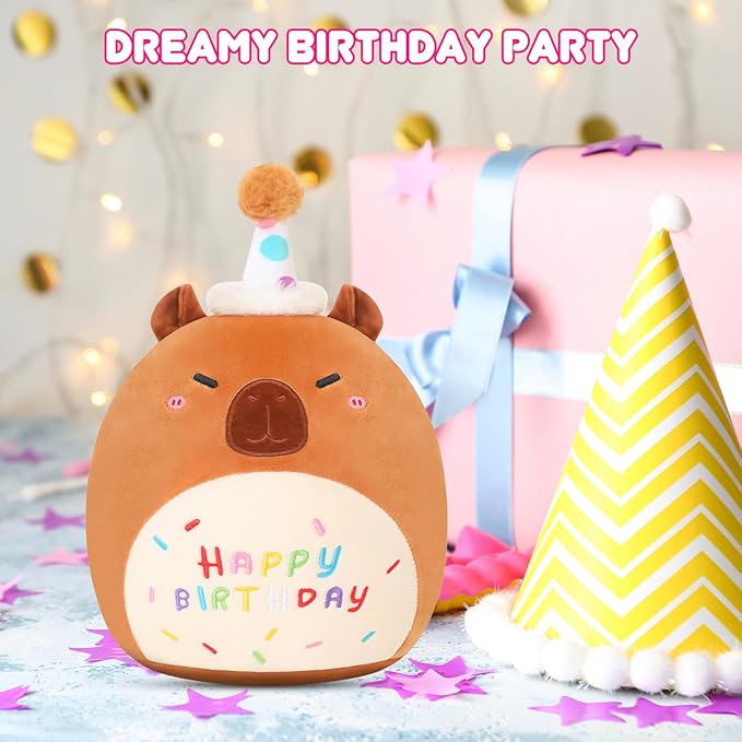 SQEQE Capybara Stuffed Animal Toy Happy Birthday Capybara Plush Cute Birthday Plushies Doll Home Decor for Kids Girls Boys 10 Inch