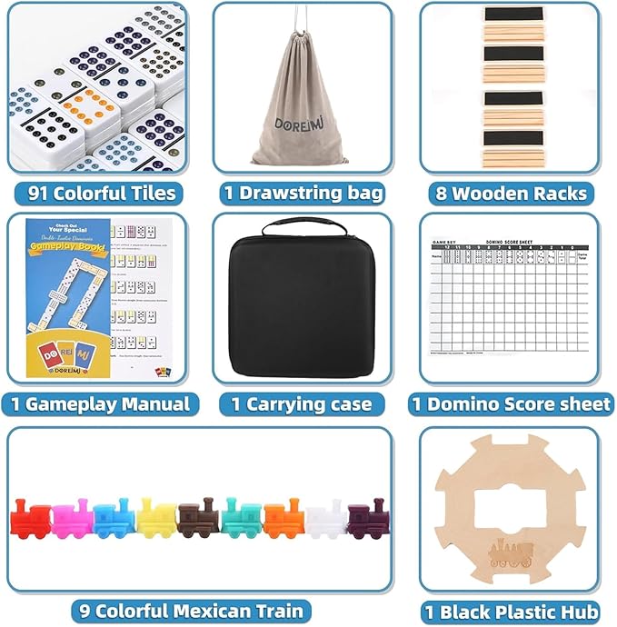 Upgraded Double 12 Mexican Train Dominoes Set with 8 Wooden Racks & 91 Number Tiles Portable Travel Board Game for Kids and Adults Family Game Night