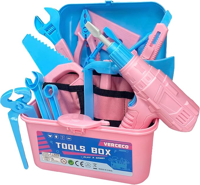 Kids Tool Set 55 pcs with Electronic Drill & Tool Belt - Pretend Play Construction Toys for Boys & Girls Aged 2-5 (Blue)