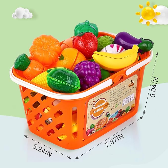 AROIC 92PCS Play Food, Toddler Kitchen Accessories Food Toys with Cutting Fruits & Vegetables, Plastic Mini Dishes Shopping Basket and Knife, Pretend Play Gift Kitchen Playset Velcro Cutting Toys