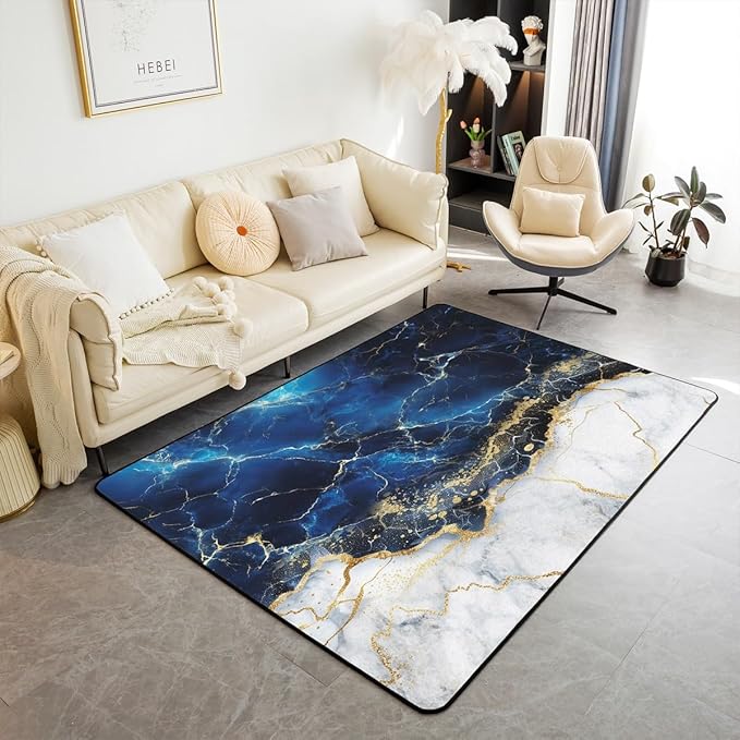 Erosebridal Marble Area Rug 5x6'6'', Gold Giltter Rug, Navy Blue Stone Marble Carpet for Adult Men Women, Tie Dye Fluid Magma Abstract Art Hipster Non Shedding Decorative Rug for Bedroom