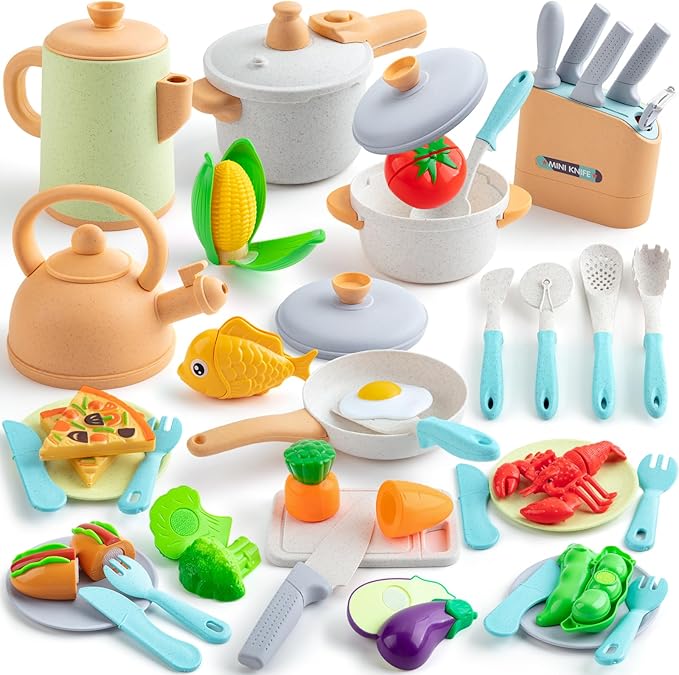 42Pcs Play Kitchen Accessories, Pretend Play Kids Kitchen Playset Toys with Cookware Pots and Pans, Cooking Utensils, Play Food Sets, Preschool Learning Education Toys Gift for Toddlers Girls Boys
